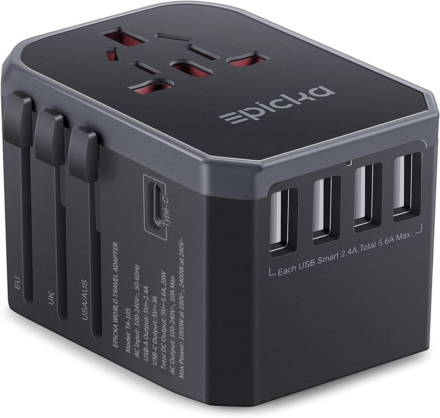 EPICKA Universal Travel Adapter, European Travel Plug Adapter (Not a Voltage Converter) - International Power Adapter Worldwide Charger with USB-C & 4 USB-A Ports, Travel Essentials (TA-105, Grey)