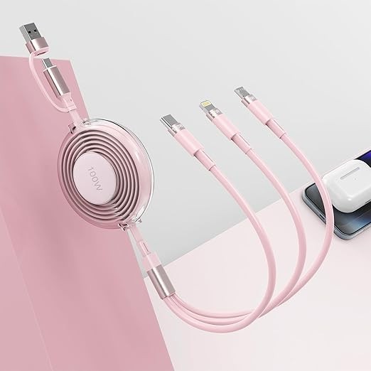 USB C Retractable Multi 5-in-1 USB A/Type C to Lightning+USB C+Micro iPhone Charging Cable,100W+27W+10W PD Fast Multiple Charger Cord for iPhone 15 14 13 12/Samsung S23/iPad Pro/MacBook-Pink