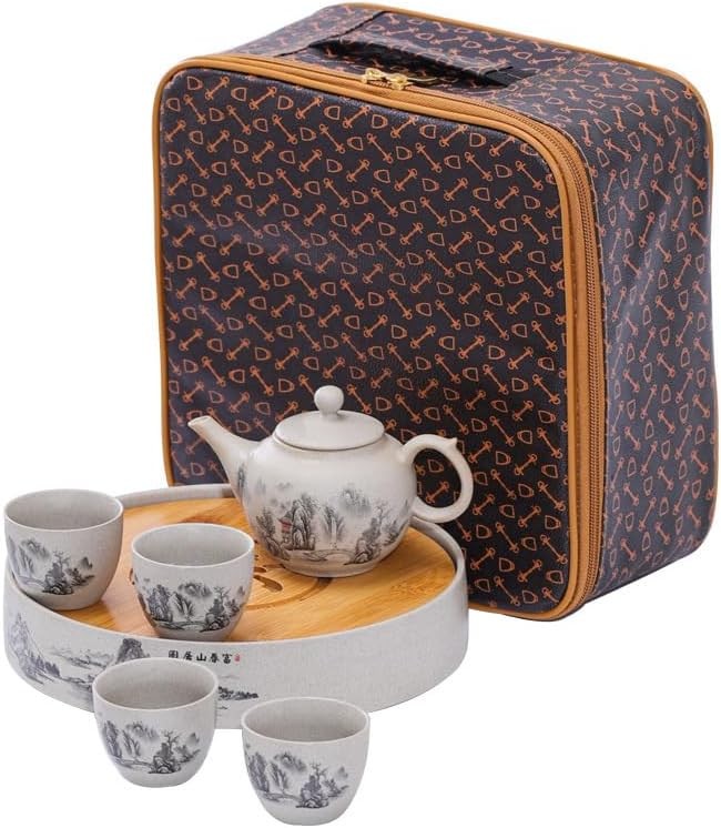 Stoneware travel tea set Tea set Portable retro one pot four cups storage bag with tea tray Outdoor camping teapot Teapot