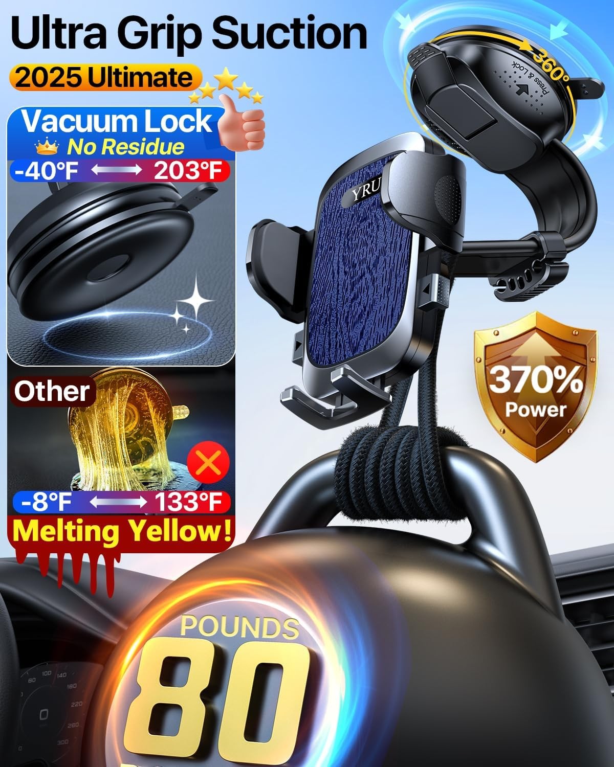 YRU [2025 Ultimate Car Phone Holder Mount [Bendable & Adjustable Aluminum Arm] Cell Phone Holder for Car Dashboard Windshield Phone Stand for iPhone17 16 15 14Pro Max Samsung Pickup Truck,Dark Blue