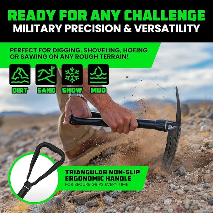 RHINO USA Folding Survival Shovel w/Pick - Heavy Duty Carbon Steel Military Style Entrenching Tool for Off Road, Camping, Gardening, Beach, Digging Dirt, Sand, Mud & Snow.