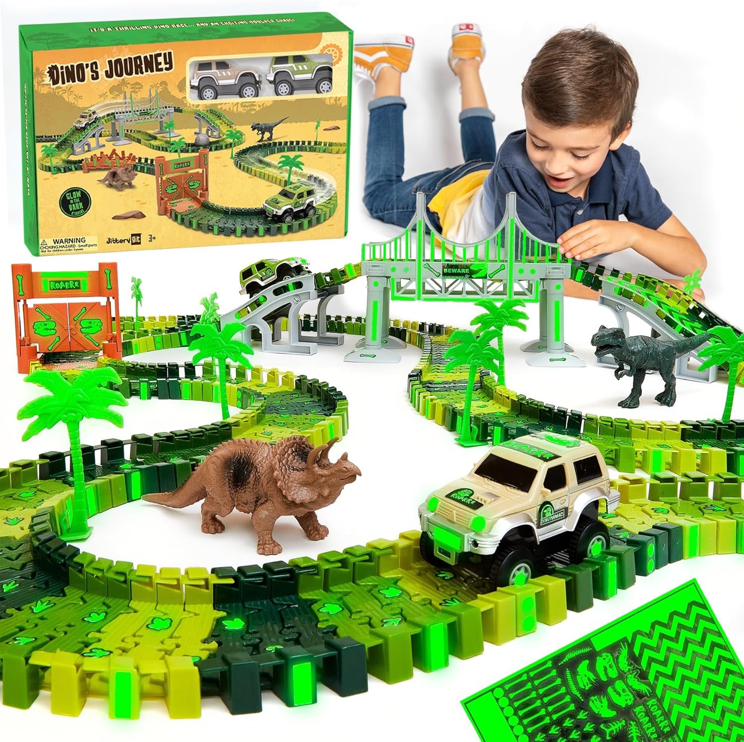 JITTERYGIT Dinosaur Jurassic Race Track Train Glow in The Dark World Toy Set, Kids Dino Racetrack Park Includes T-Rex & Triceratops Playset - Best Birthday Gift for Boys & Girls 3 4 5 6 7 8 Year Old