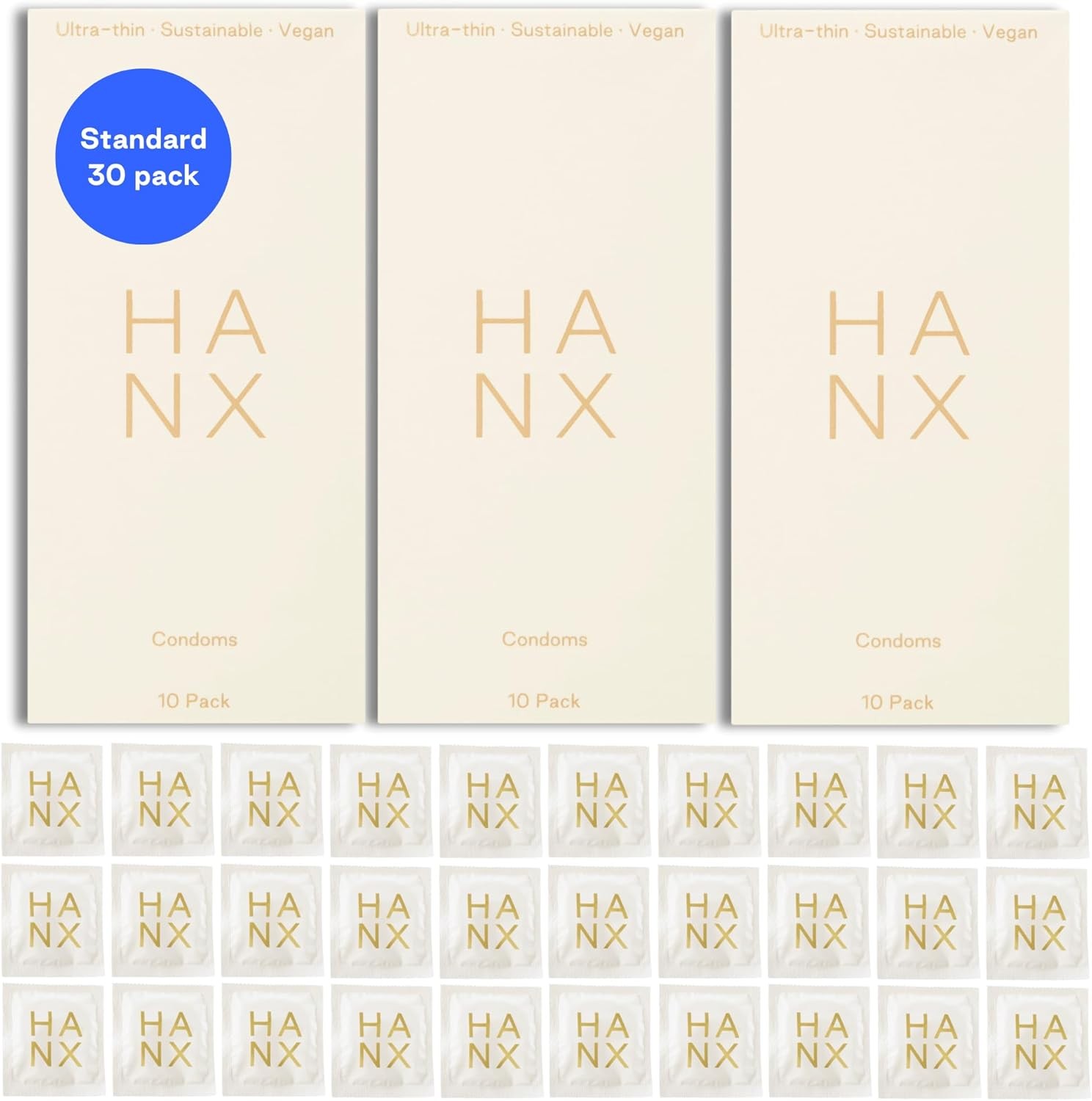 HANX Condoms | Ultra-Thin, Natural Latex with Silicone Lubricant | Paraben & Spermicide-Free | Dermatologically Approved | Strong & Reliable | Safe, Comfortable Protection | Standard (Pack of 30)